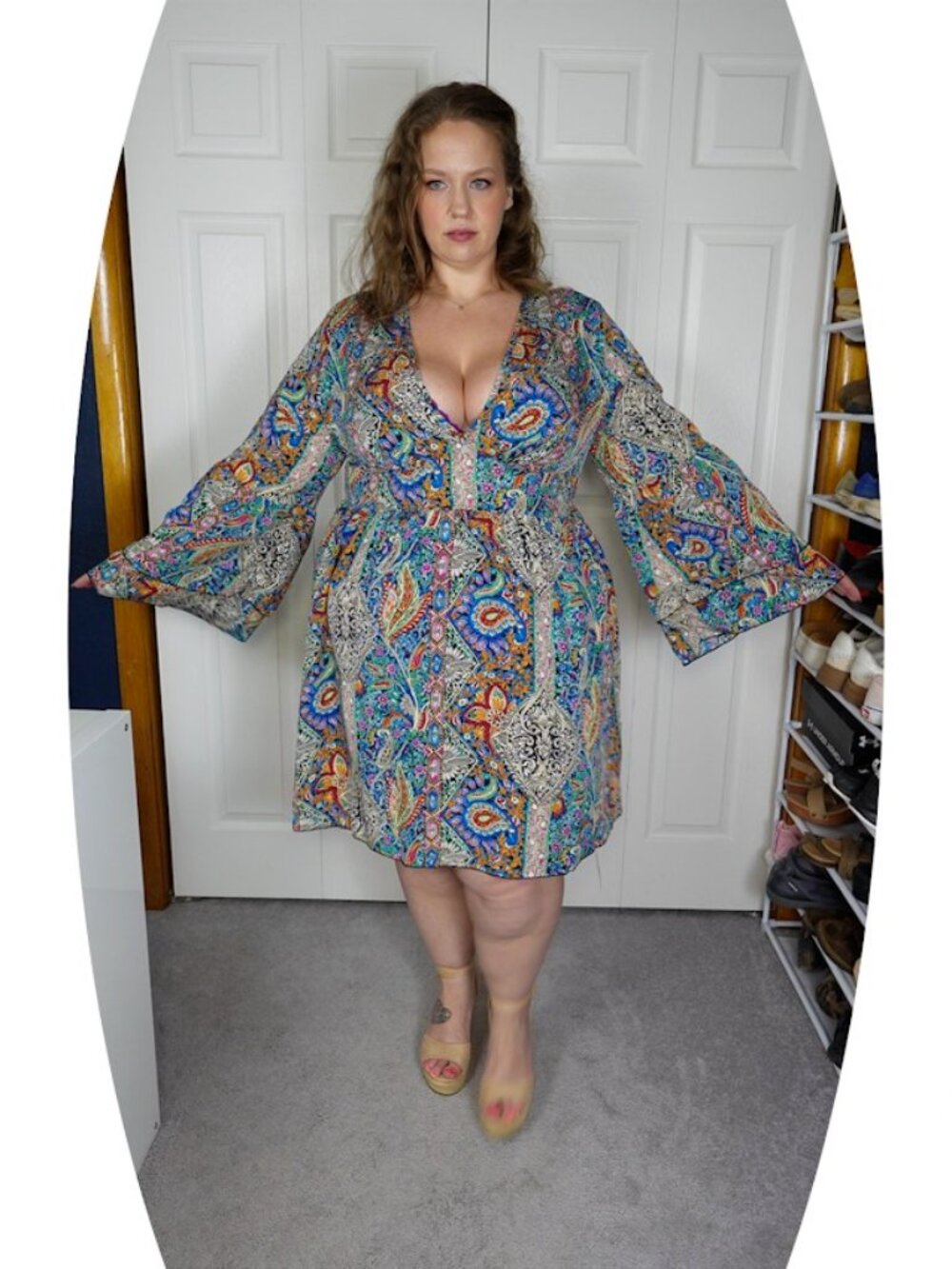 Plus Size 3XL Boho Paisley V-Neck Bell Sleeve Dress Multicolor New